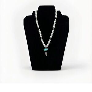 Faux Pearl Bead Necklace With Leaf Charm Artisan Handmade Beaded Necklace